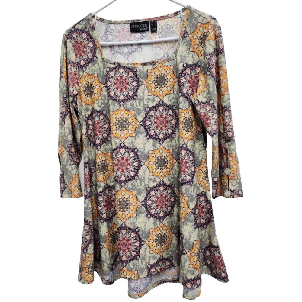 Attitudes By Renee Womens BOHO‎ Tunic Top Small Mandala Print Stretch 3/4 Sleeve